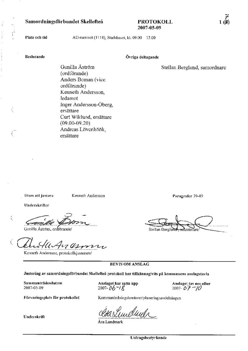 Protokoll, Styrelsen 2007-05-09