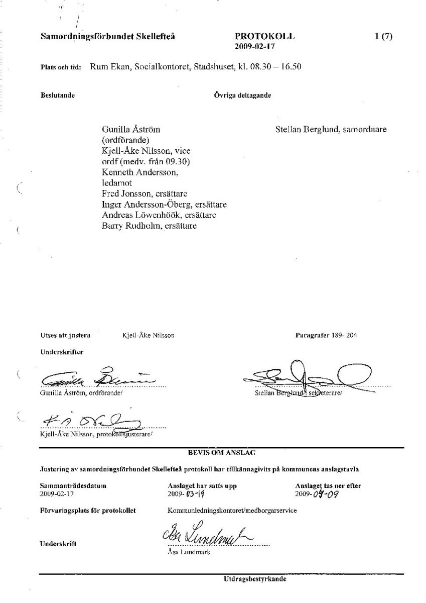 Protokoll, Styrelsen 2009-02-17