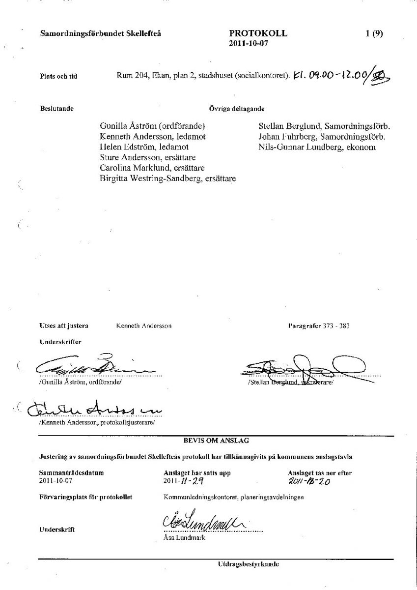 Protokoll, Styrelsen 2011-10-07