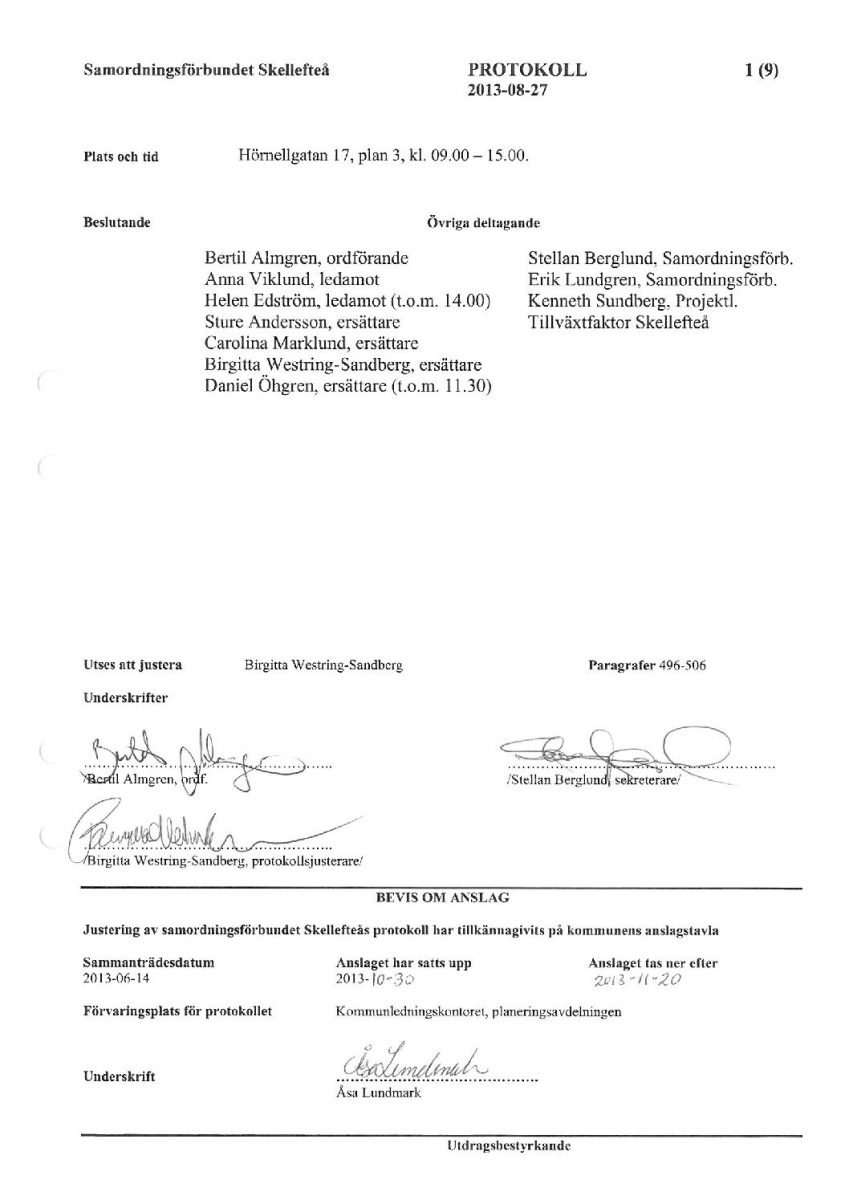Protokoll, Styrelsen 2013-08-27