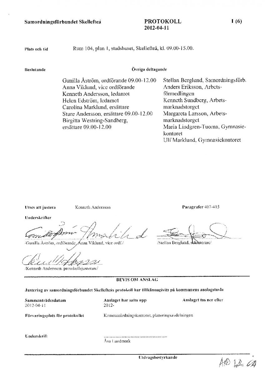 Protokoll, Styrelsen 2012-04-11